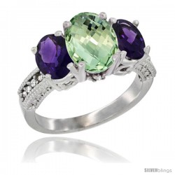 14K White Gold Ladies 3-Stone Oval Natural Green Amethyst Ring with Amethyst Sides Diamond Accent