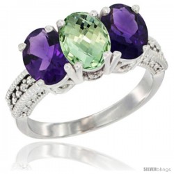 14K White Gold Natural Purple & Green Amethysts Ring 3-Stone 7x5 mm Oval Diamond Accent