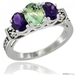 14K White Gold Natural Purple & Green Amethysts Ring 3-Stone Oval with Diamond Accent