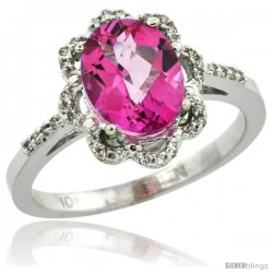 10k White Gold Diamond Halo Pink Topaz Ring 1.65 Carat Oval Shape 9X7 mm, 7/16 in (11mm) wide