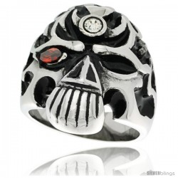 Surgical Steel Biker Skull Ring w/ Red CZ Eye and Jeweled Forehead