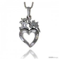 Sterling Silver Heart, Teddy Bear and Flower Pendant, 1 in tall