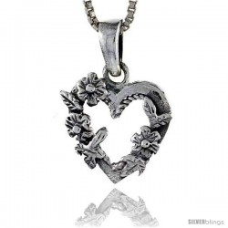 Sterling Silver Floral Heart Pendant, 5/8 in tall