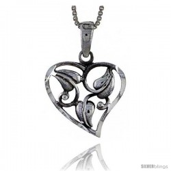 Sterling Silver Cut-out Heart Pendant with Leaves, 3/4 tall