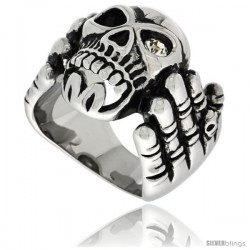 Surgical Steel Biker Ring Skeleton Hand Holding a Skull w/ One White CZ Eye