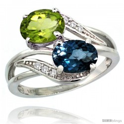 14k White Gold ( 8x6 mm ) Double Stone Engagement London Blue Topaz & Peridot Ring w/ 0.07 Carat Brilliant Cut Diamonds & 2.34