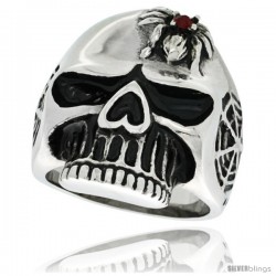 Surgical Steel Biker Skull Ring Red CZ Spider on Forehead and Spider web on Each Side