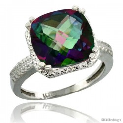 14k White Gold Diamond Mystic Topaz Ring 5.94 ct Checkerboard Cushion 11 mm Stone 1/2 in wide