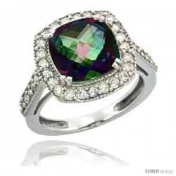 14k White Gold Diamond Halo Mystic Topaz Ring Checkerboard Cushion 9 mm 2.4 ct 1/2 in wide