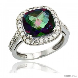 14k White Gold Diamond Halo Mystic Topaz Ring Cushion Shape 10 mm 4.5 ct 1/2 in wide