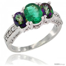 14k White Gold Ladies Oval Natural Emerald 3-Stone Ring with Mystic Topaz Sides Diamond Accent