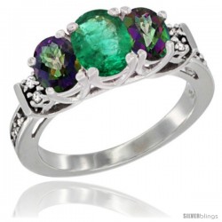 14K White Gold Natural Emerald & Mystic Topaz Ring 3-Stone Oval with Diamond Accent