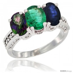 14K White Gold Natural Mystic Topaz, Emerald & Blue Sapphire Ring 3-Stone 7x5 mm Oval Diamond Accent