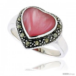 Sterling Silver Oxidized Heart Ring w/ Pink Mother of Pearl, 9/16" (15 mm) wide