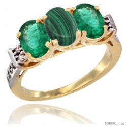 10K Yellow Gold Natural Malachite & Emerald Sides Ring 3-Stone Oval 7x5 mm Diamond Accent