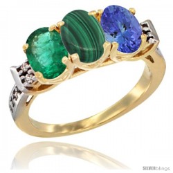 10K Yellow Gold Natural Emerald, Malachite & Tanzanite Ring 3-Stone Oval 7x5 mm Diamond Accent