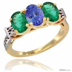 10K Yellow Gold Natural Tanzanite & Emerald Sides Ring 3-Stone Oval 7x5 mm Diamond Accent