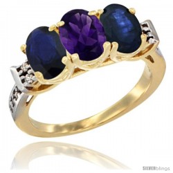 10K Yellow Gold Natural Amethyst & Blue Sapphire Sides Ring 3-Stone Oval 7x5 mm Diamond Accent