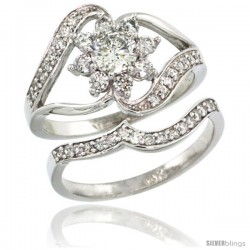 14k White Gold 2-Pc. Flower Diamond Engagement Ring Set w/ 0.38 Carat (Center) & 0.61 Carat (Sides) Brilliant Cut ( H-I Color