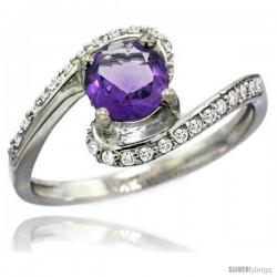 14k White Gold Natural Amethyst Swirl Design Ring 6 mm Round Shape Diamond Accent, 1/2 in wide