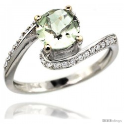 14k White Gold Natural Green Amethyst Swirl Design Ring 6 mm Round Shape Diamond Accent, 1/2 in wide