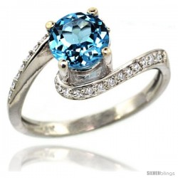 14k White Gold Natural Swiss Blue Topaz Swirl Design Ring 6 mm Round Shape Diamond Accent, 1/2 in wide