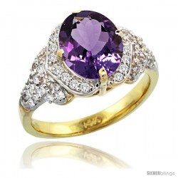 14k Gold Natural Amethyst Ring 10x8 mm Oval Shape Diamond Halo, 1/2 in wide