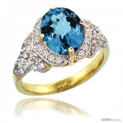 14k Gold Natural London Blue Topaz Ring 10x8 mm Oval Shape Diamond Halo, 1/2 in wide