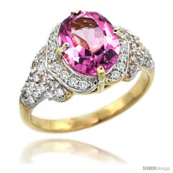 14k Gold Natural Pink Topaz Ring 10x8 mm Oval Shape Diamond Halo, 1/2 in wide