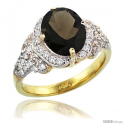 14k Gold Natural Smoky Topaz Ring 10x8 mm Oval Shape Diamond Halo, 1/2 in wide