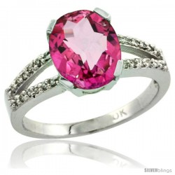 10k White Gold and Diamond Halo Pink Topaz Ring 2.4 carat Oval shape 10X8 mm, 3/8 in (10mm) wide