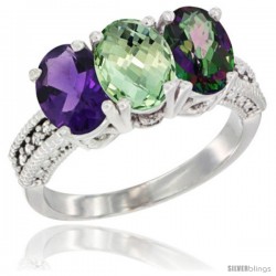 14K White Gold Natural Amethyst, Green Amethyst & Mystic Topaz Ring 3-Stone 7x5 mm Oval Diamond Accent