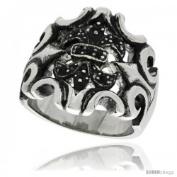 Surgical Steel Biker Ring Fleur De Lis Armor W/ Black CZ Stones