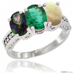 14K White Gold Natural Mystic Topaz, Emerald & Opal Ring 3-Stone 7x5 mm Oval Diamond Accent