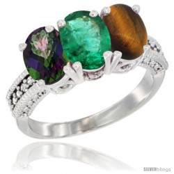 14K White Gold Natural Mystic Topaz, Emerald & Tiger Eye Ring 3-Stone 7x5 mm Oval Diamond Accent