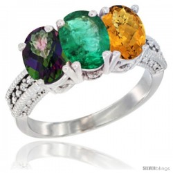 14K White Gold Natural Mystic Topaz, Emerald & Whisky Quartz Ring 3-Stone 7x5 mm Oval Diamond Accent