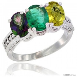 14K White Gold Natural Mystic Topaz, Emerald & Lemon Quartz Ring 3-Stone 7x5 mm Oval Diamond Accent