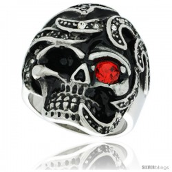 Surgical Steel Biker Skull Ring w/ Red CZ Eye Jeweled Decorated Helmed