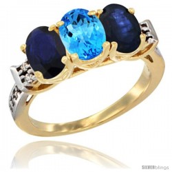 10K Yellow Gold Natural Swiss Blue Topaz & Blue Sapphire Sides Ring 3-Stone Oval 7x5 mm Diamond Accent