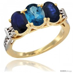 10K Yellow Gold Natural London Blue Topaz & Blue Sapphire Sides Ring 3-Stone Oval 7x5 mm Diamond Accent