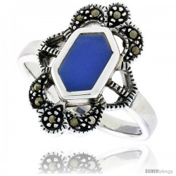 Sterling Silver Ring, w/ Hexagon-shaped Blue Resin, 3/4 in (19 mm) wide