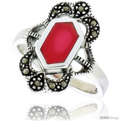 Sterling Silver Ring, w/ Hexagon-shaped Red Resin, 3/4 in (19 mm) wide