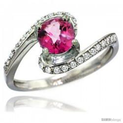 14k White Gold Natural Pink Topaz Swirl Design Ring 6 mm Round Shape Diamond Accent, 1/2 in wide