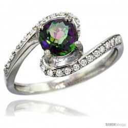 14k White Gold Natural Mystic Topaz Swirl Design Ring 6 mm Round Shape Diamond Accent, 1/2 in wide