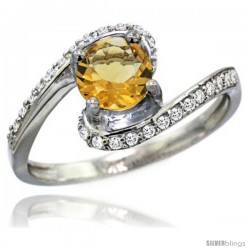 14k White Gold Natural Citrine Swirl Design Ring 6 mm Round Shape Diamond Accent, 1/2 in wide