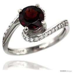 14k White Gold Natural Garnet Swirl Design Ring 6 mm Round Shape Diamond Accent, 1/2 in wide