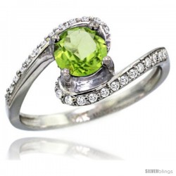 14k White Gold Natural Peridot Swirl Design Ring 6 mm Round Shape Diamond Accent, 1/2 in wide