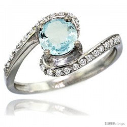 14k White Gold Natural Aquamarine Swirl Design Ring 6 mm Round Shape Diamond Accent, 1/2 in wide