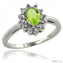 10k White Gold Peridot Diamond Halo Ring Oval Shape 1.2 Carat 6X4 mm, 1/2 in wide