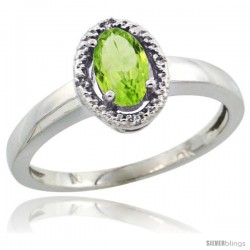 10k White Gold Diamond Halo Peridot Ring 0.75 Carat Oval Shape 6X4 mm, 3/8 in (9mm) wide